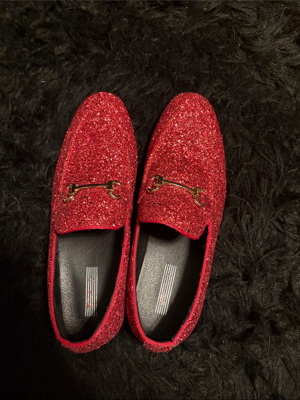 Men's Red Glitter Slip-On Loafers with Gold Bit Detail